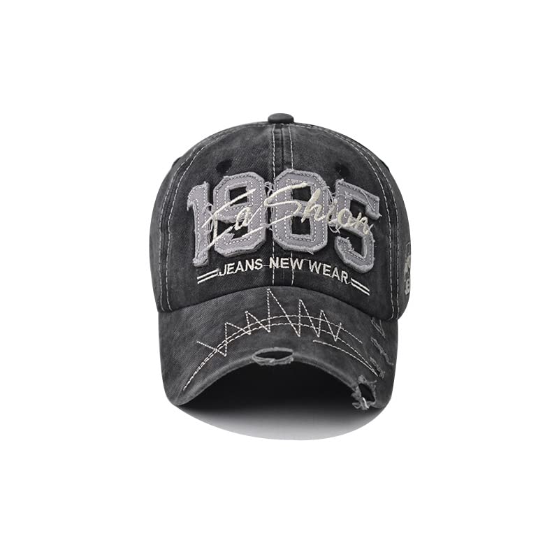 Washed Baseball Cap black side view shows adjustable fit.
