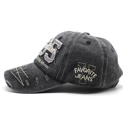 Washed Baseball Cap denim texture close-up highlights durable cotton.