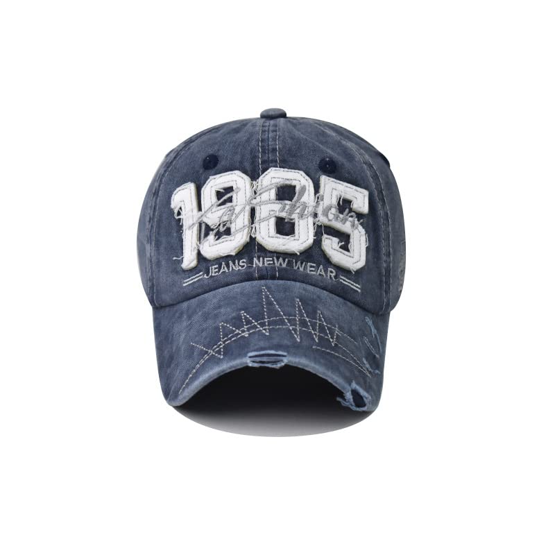 Side view of navy blue washed denim cap