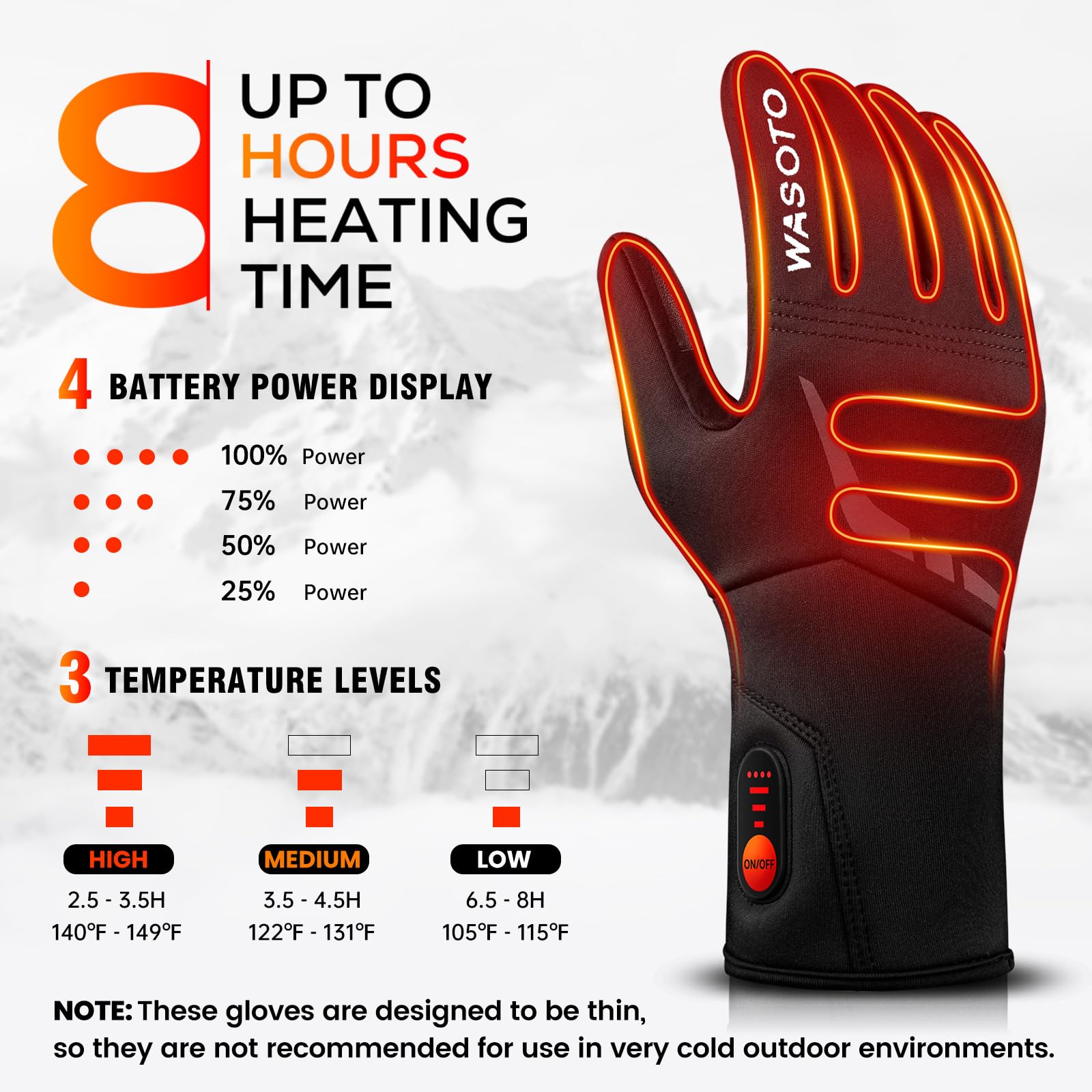 Wasoto heated glove liners back-of-hand heating wires for even warmth