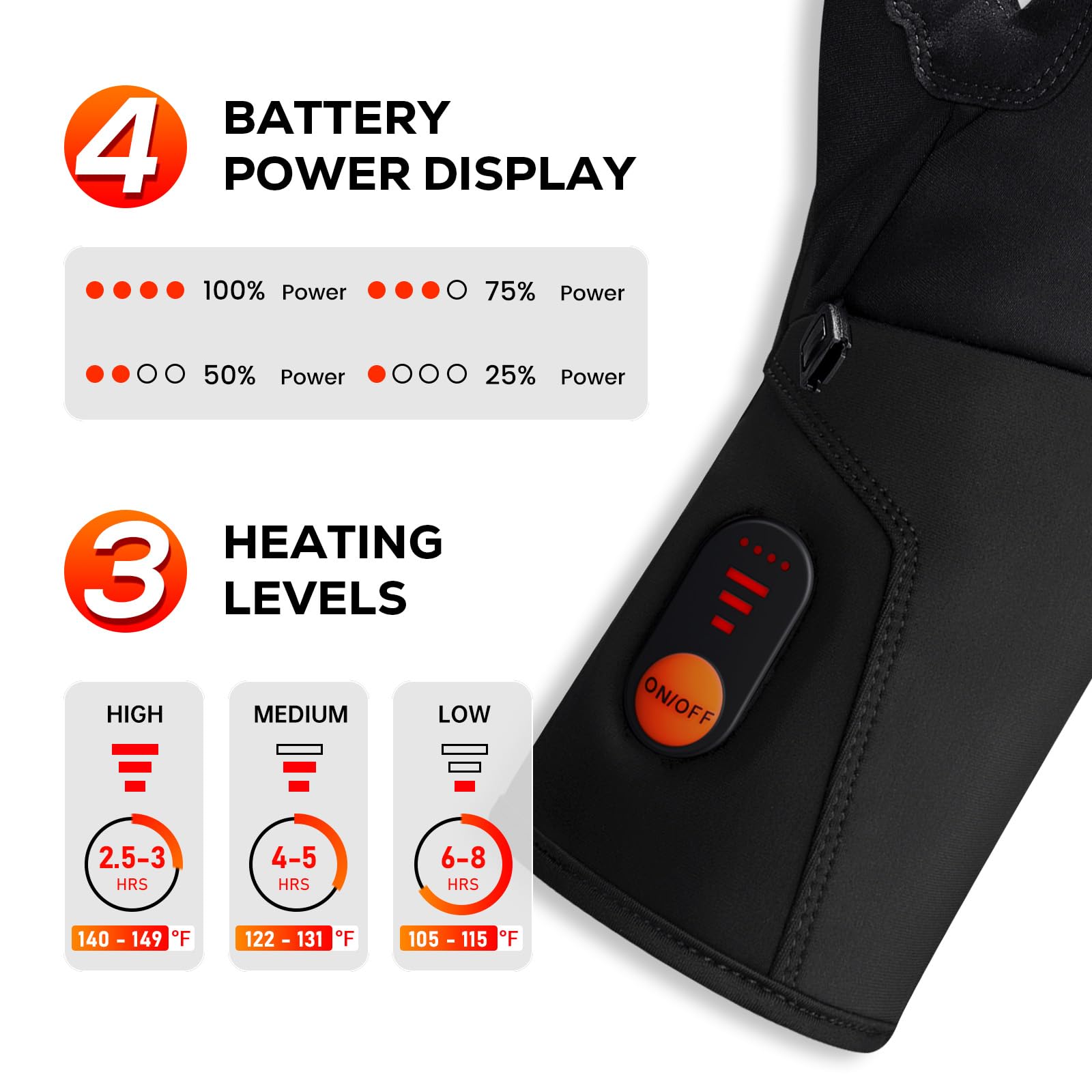 WASOTO heated gloves battery display indicates power level to stay prepared