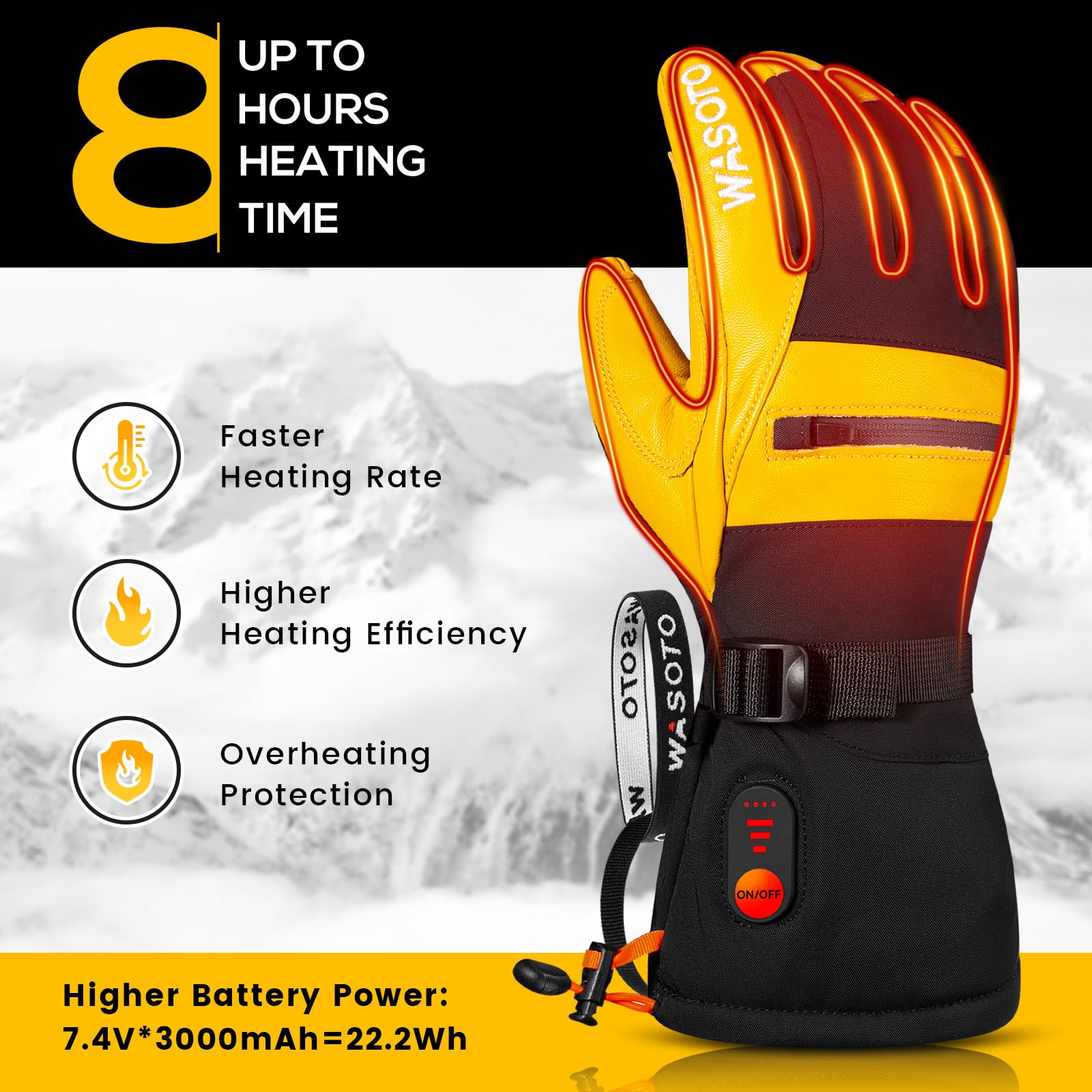 WASOTO heated gloves close-up highlighting durable leather construction for rugged winter tasks