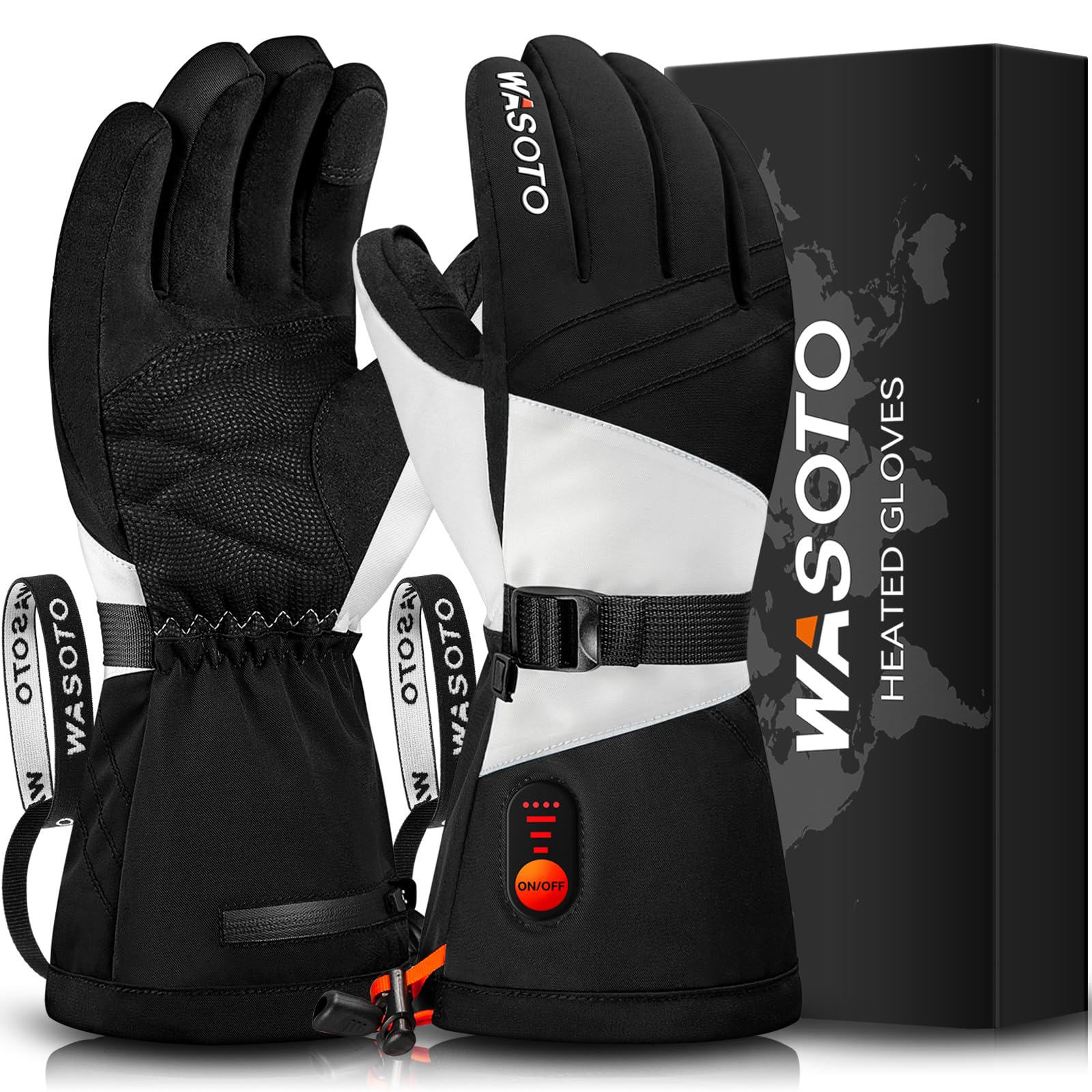 Wasoto heated gloves front view in black size L showing snug waterproof warmth for outdoor use
