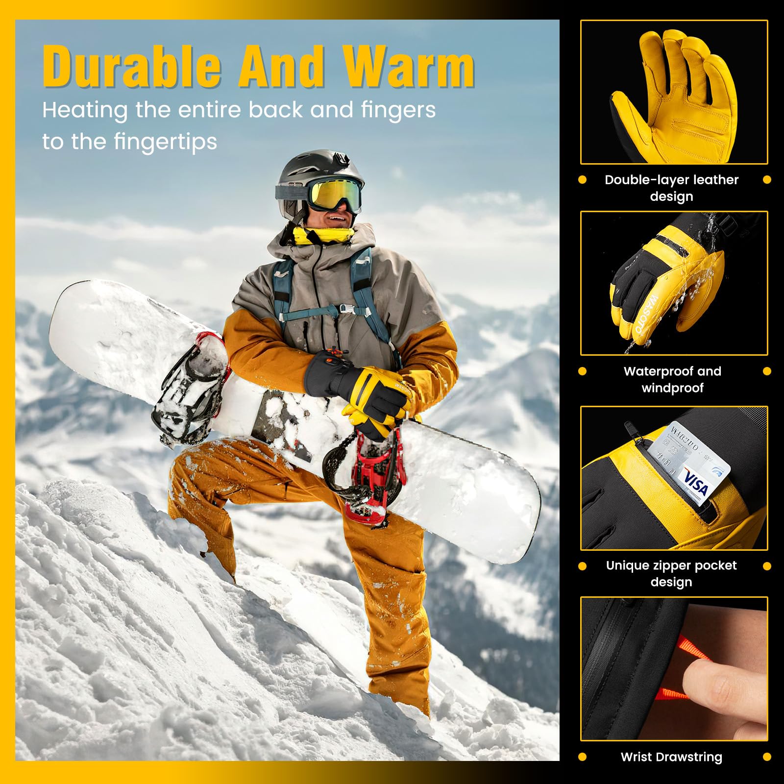 Wasoto heated gloves reinforced-leather palm for grip and wear resistance