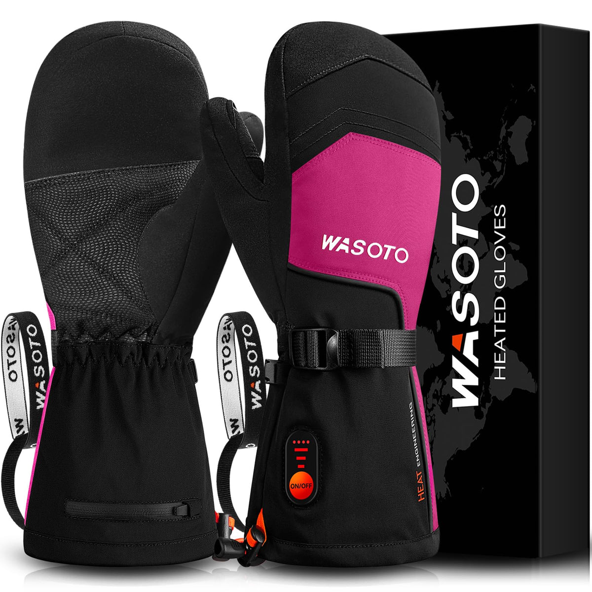 WASOTO heated mittens front view in hotpink, cozy warmth for winter adventures.