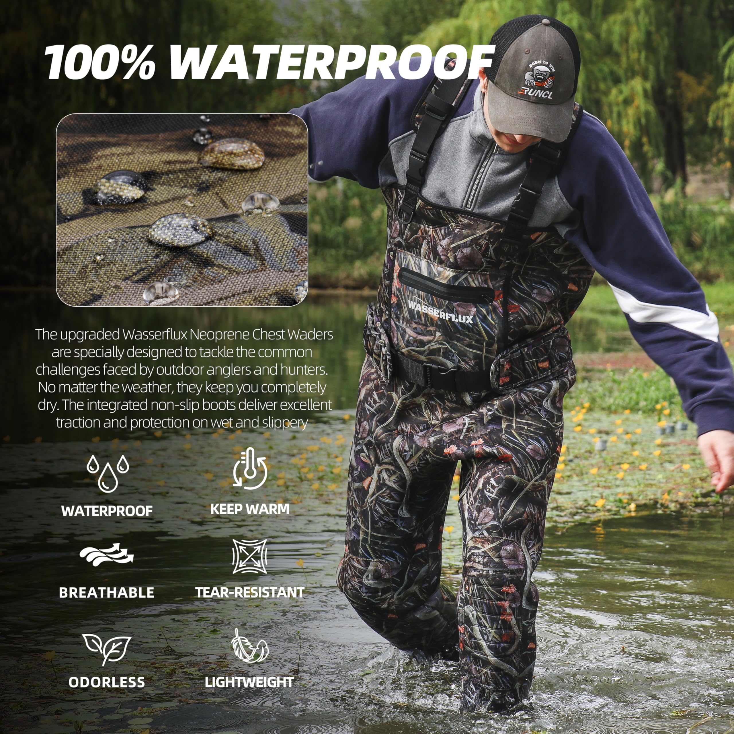 wasserflux chest waders showing double stitch seams for reliable waterproof protection.