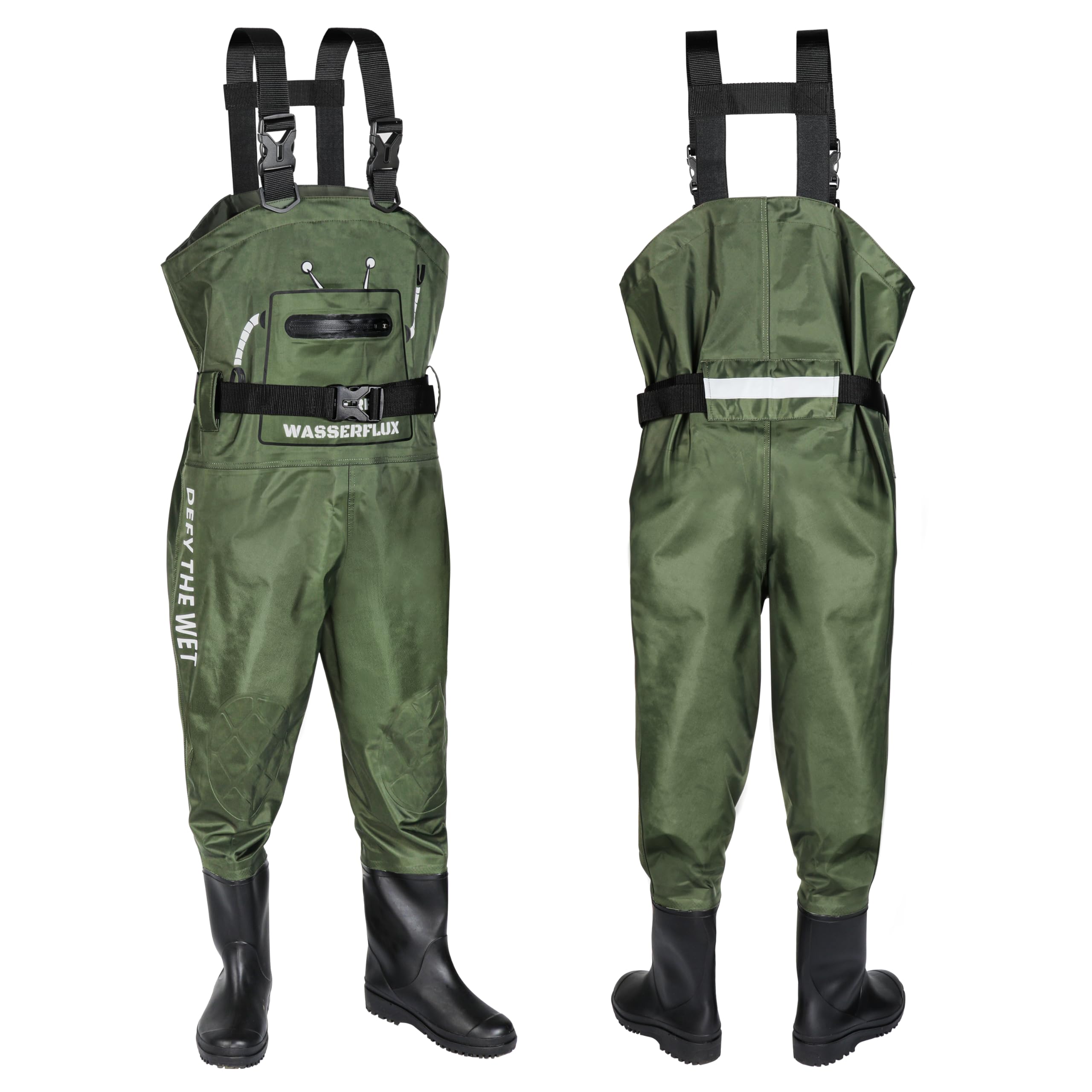 Wasserflux Kids Chest Waders green back view with reflective stripe for low-light visibility.