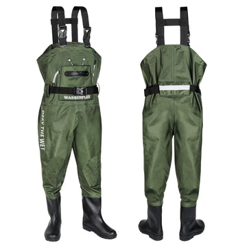 Wasserflux Kids Chest Waders green back view with reflective stripe for low-light visibility.