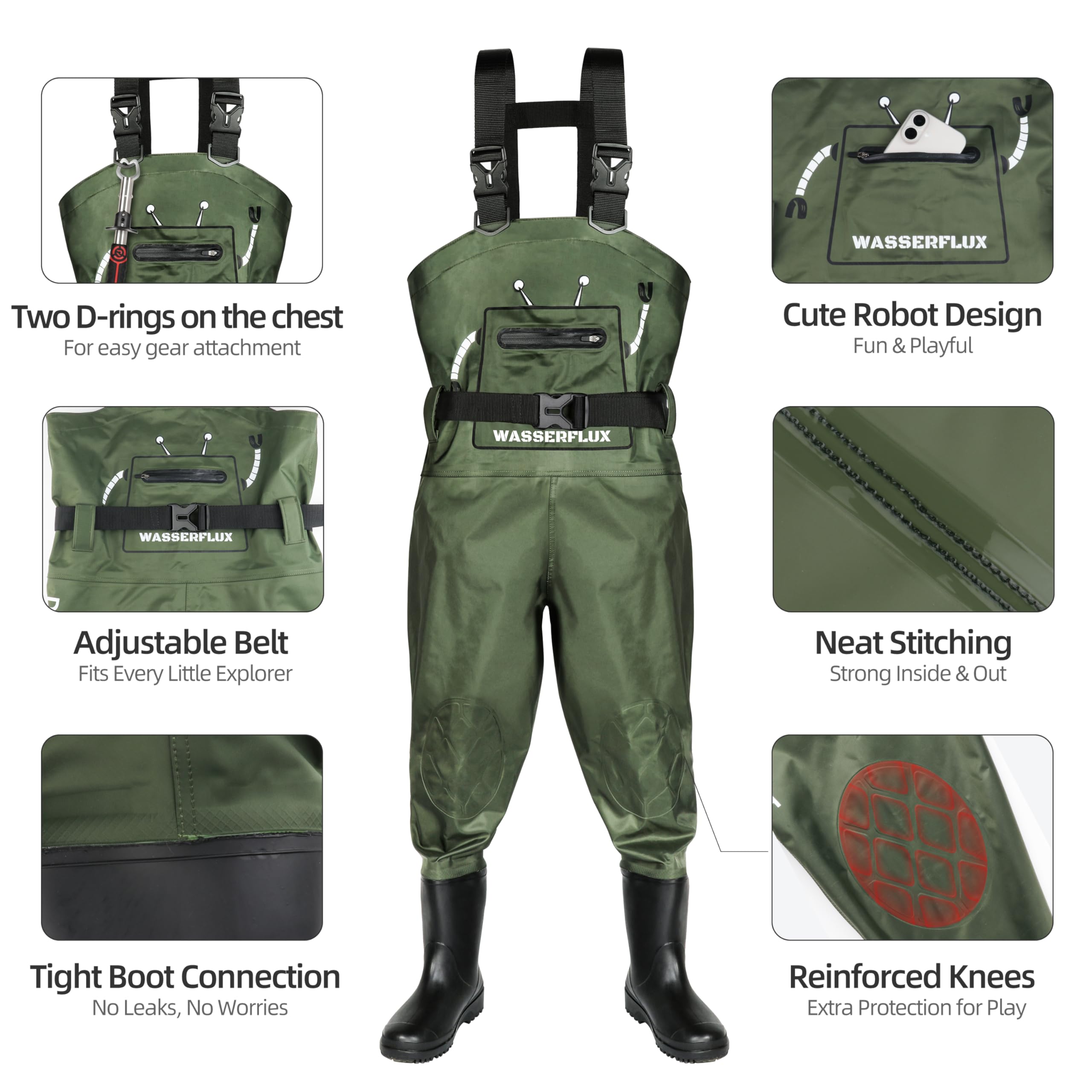 wasserflux Kids Chest Waders integrated boots emphasize slip resistance on wet rocks