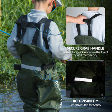 wasserflux Kids Chest Waders in pond setting ideal for fishing and exploration