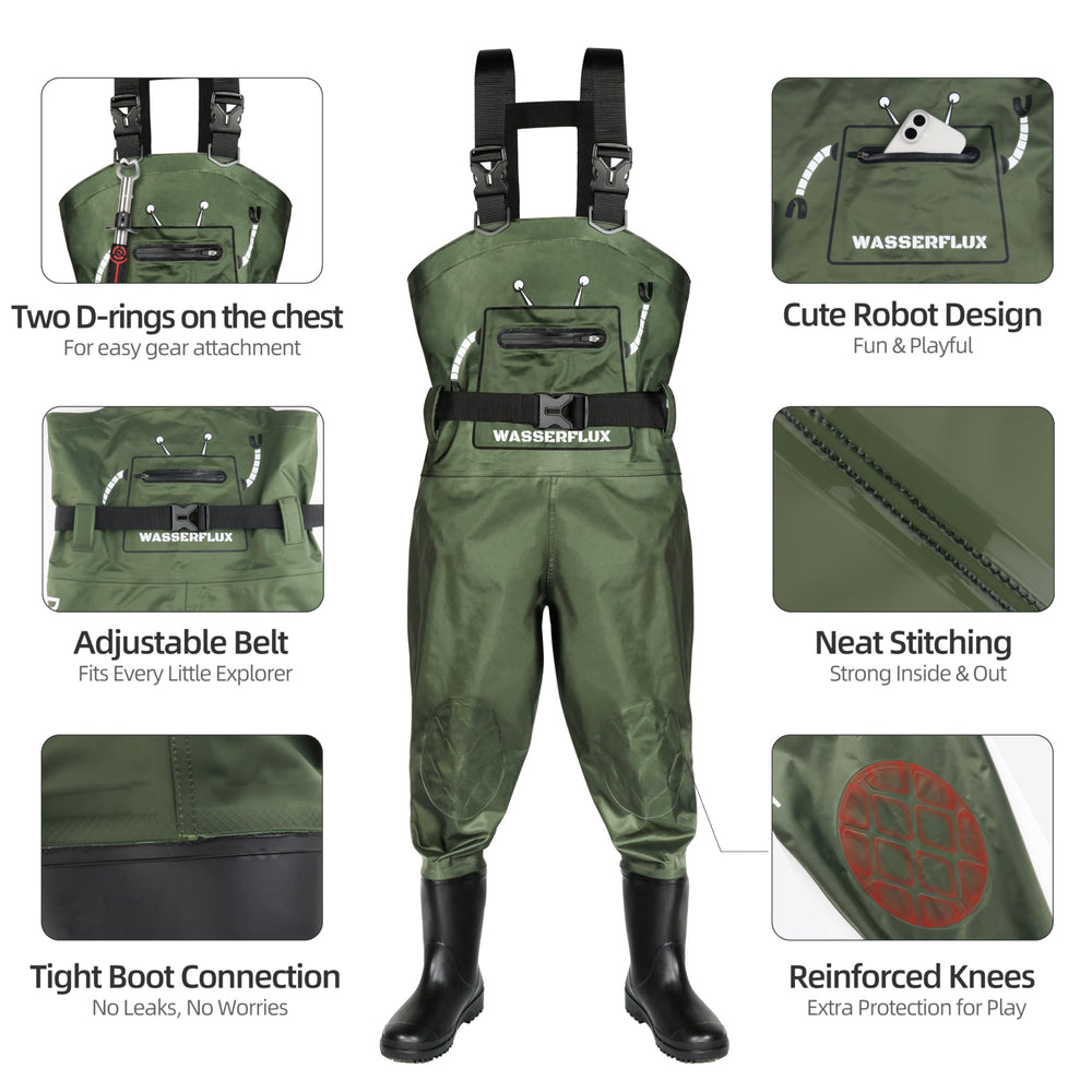 wasserflux kids waders non-slip boots grip wet rocks and slippery banks