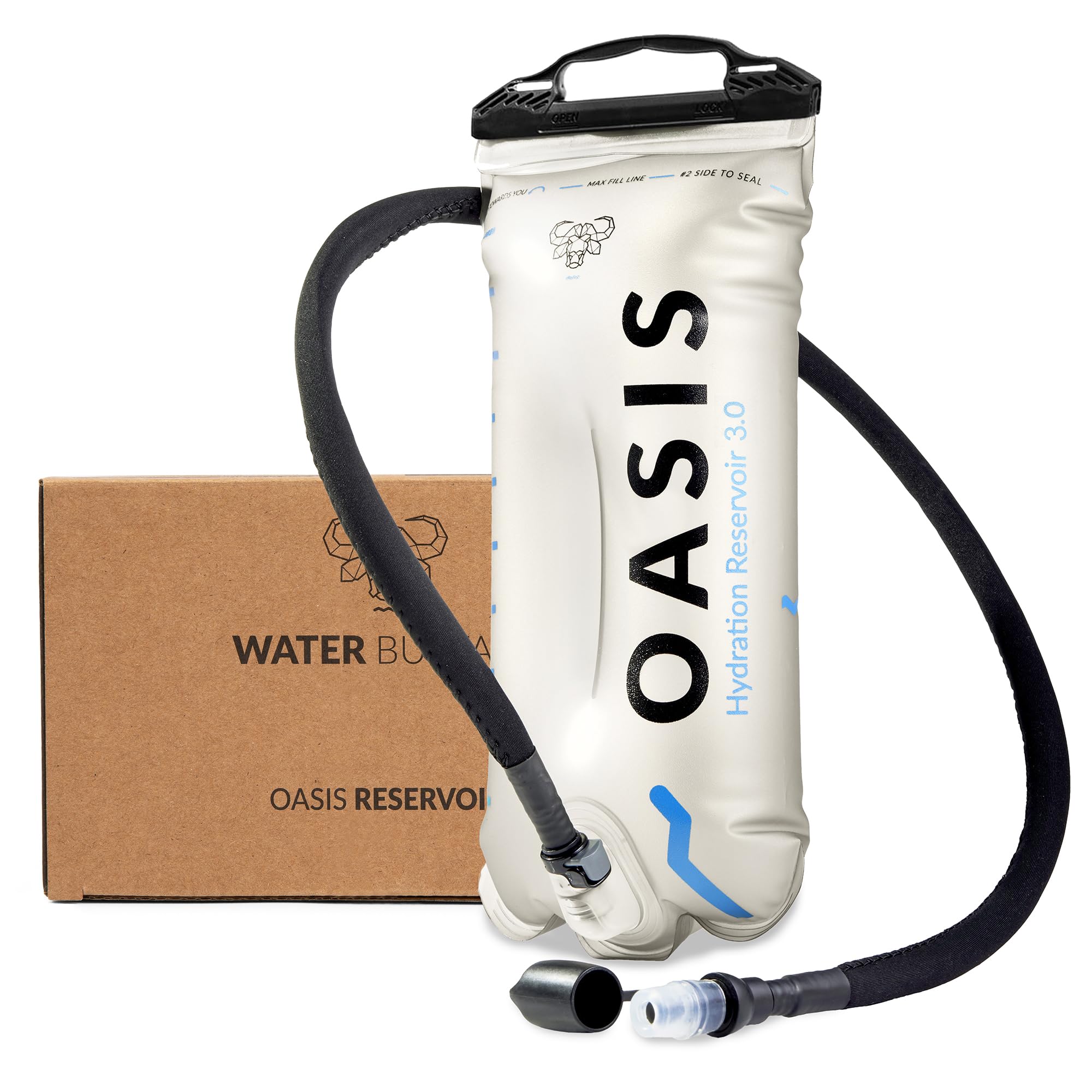 Water Buffalo Oasis hydration bladder cap closeup shows secure leakproof seal for on-the-go hydration