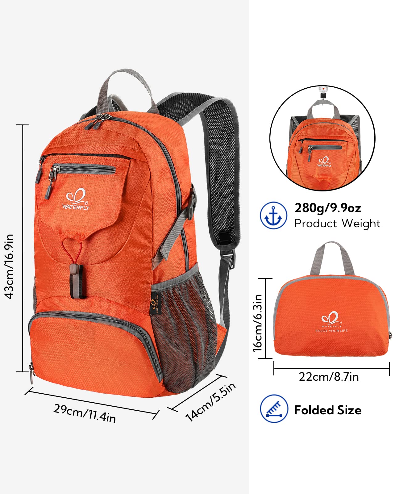 Waterfly 20L backpack with front pockets for organized packing