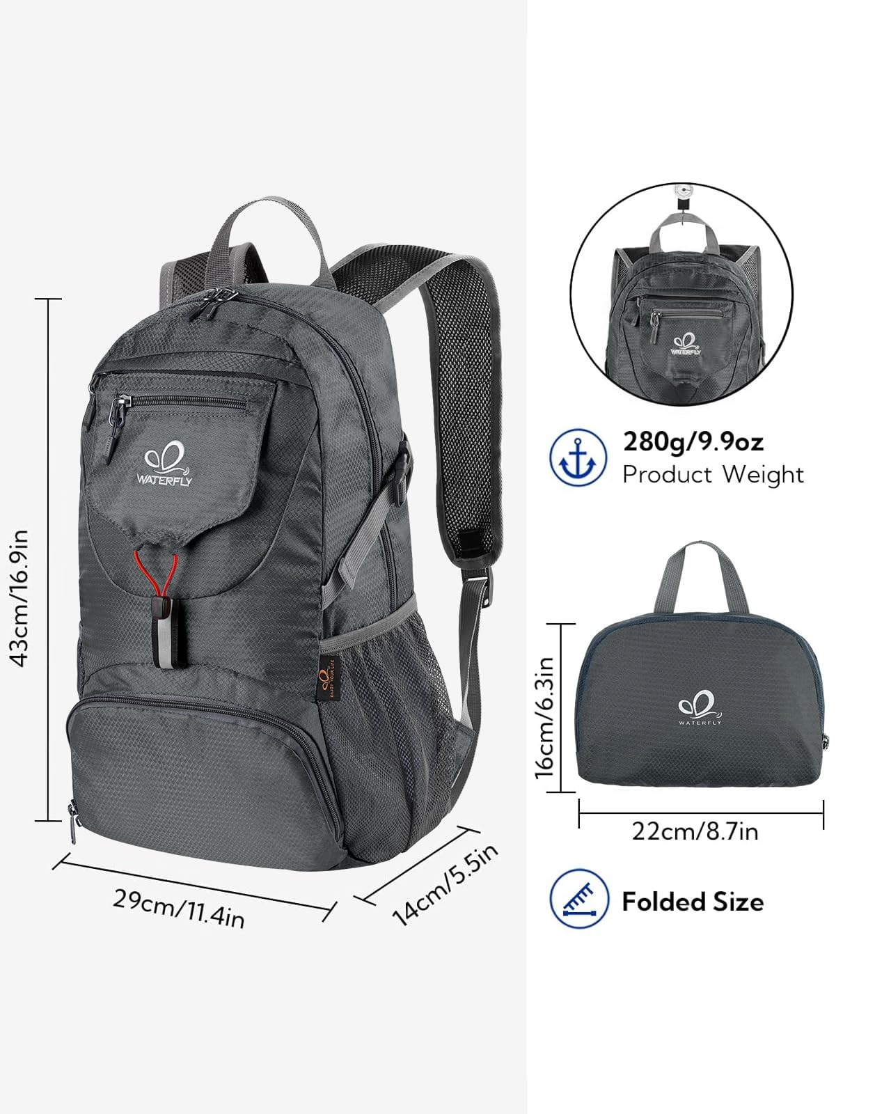 Waterfly 20L main pocket layout keeps gear organized on hikes.