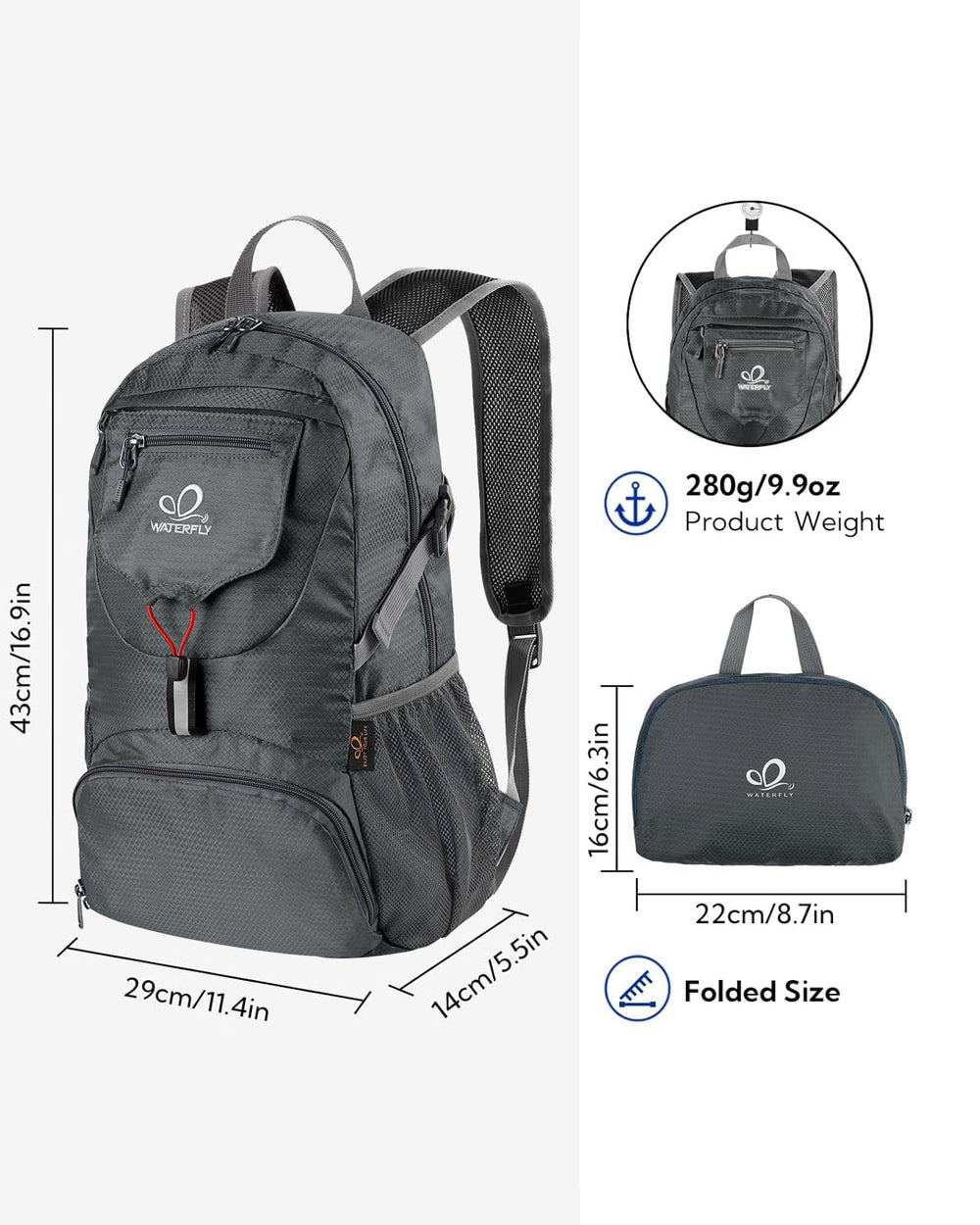 Waterfly 20L main pocket layout keeps gear organized on hikes.