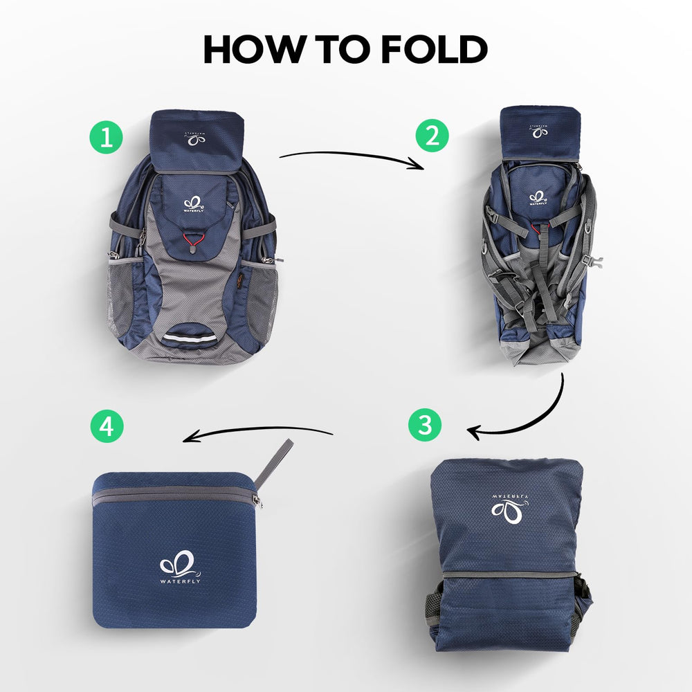 Waterfly compact backpack fits in luggage for travel as a spare.