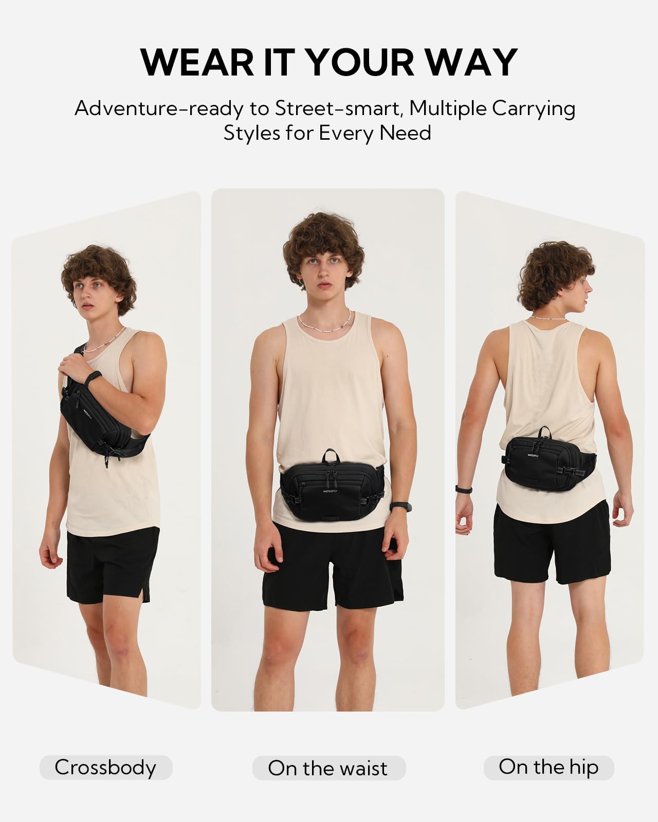 Waterfly 3L large fanny pack RFID pocket secures cards against theft.