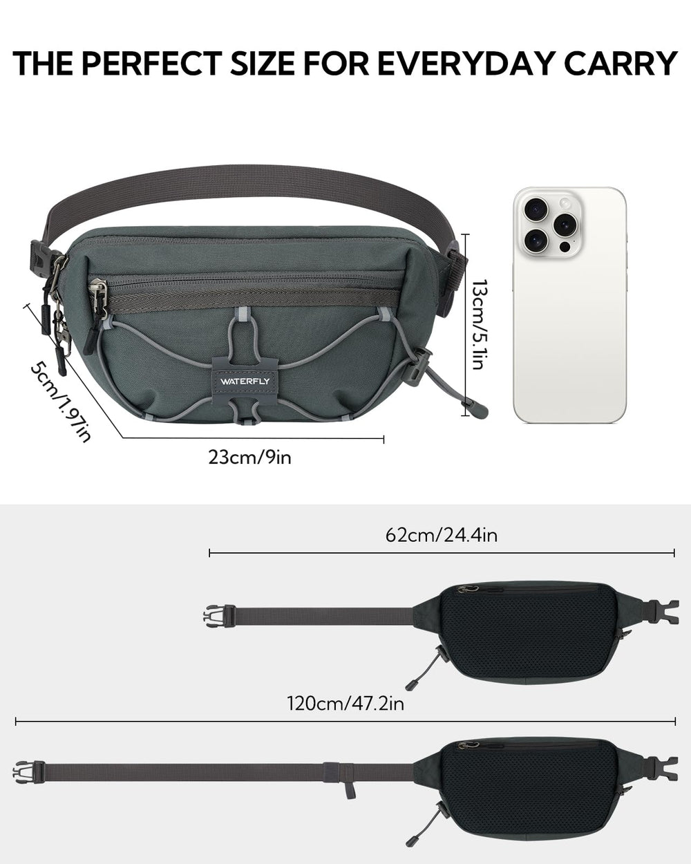 Waterfly adjustable strap demonstrates 24.4 to 47.2 inch range for versatile wear.