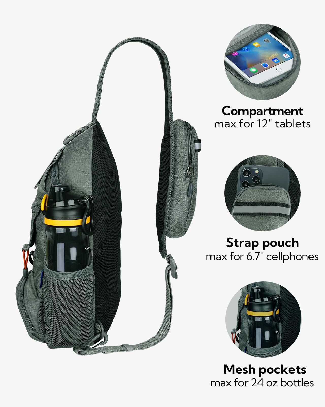 Waterfall anti-theft sling bag gray pocket-organization view for quick access.