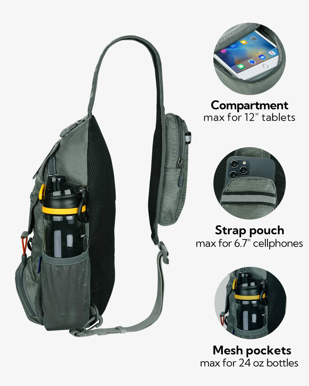 Waterfall anti-theft sling bag gray pocket-organization view for quick access.