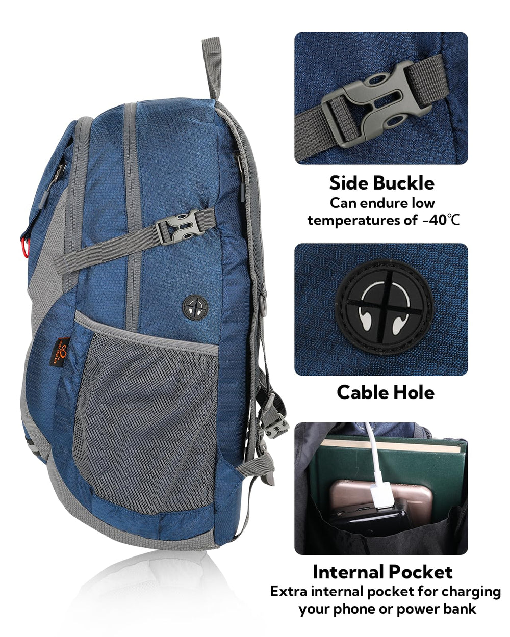 Waterfly backpack cable hole enables on-the-go device charging.
