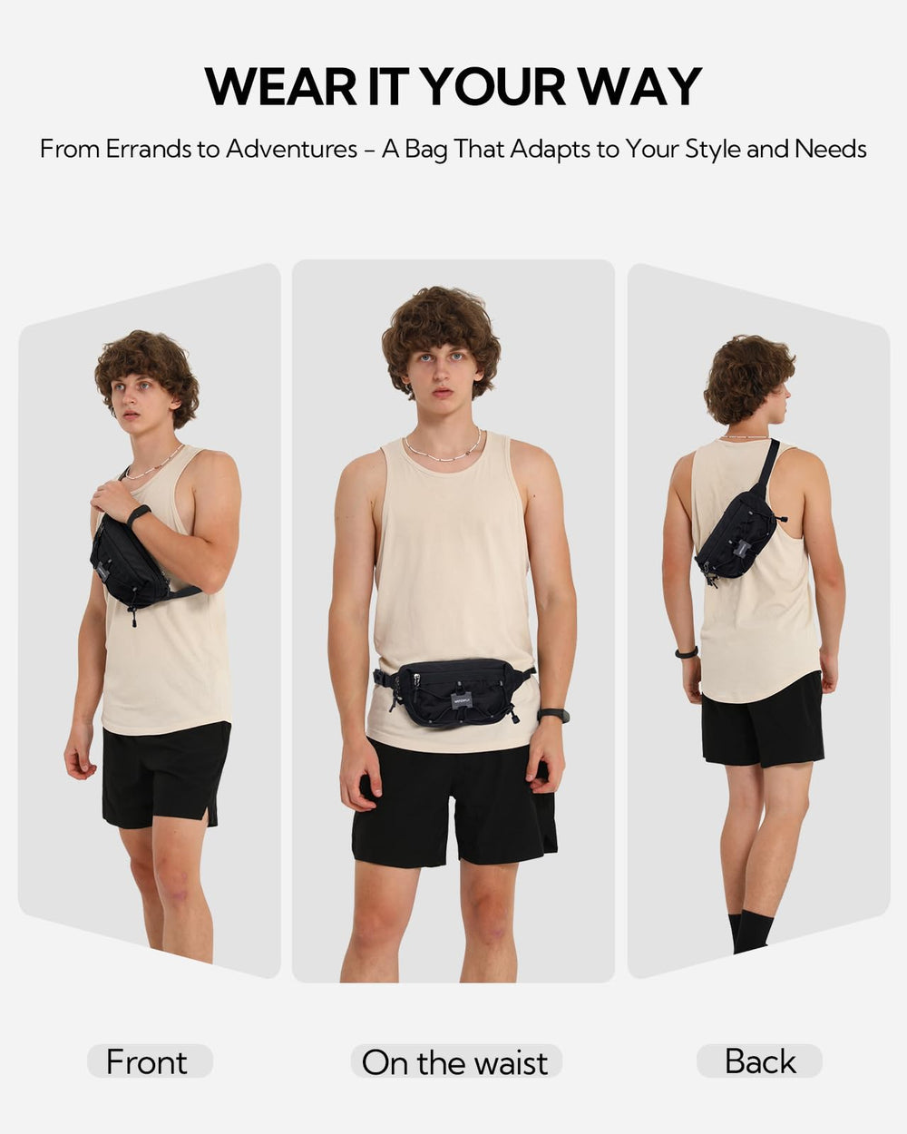Waterfly compact 1.5L waist bag side view shows versatile fit for travel