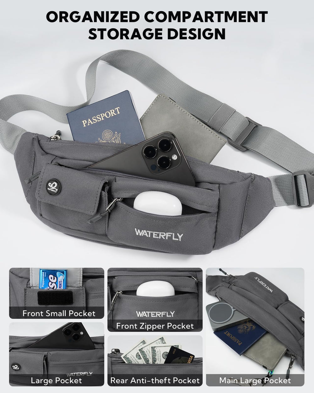 Waterfly durable, water-resistant fabric resists scratches and tears for daily outdoor use.