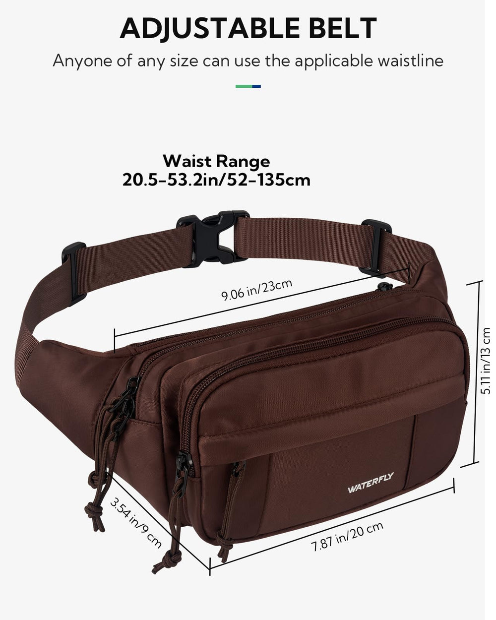 Waterfly fanny pack strap adjustment demonstrating secure, comfortable fit for activity.
