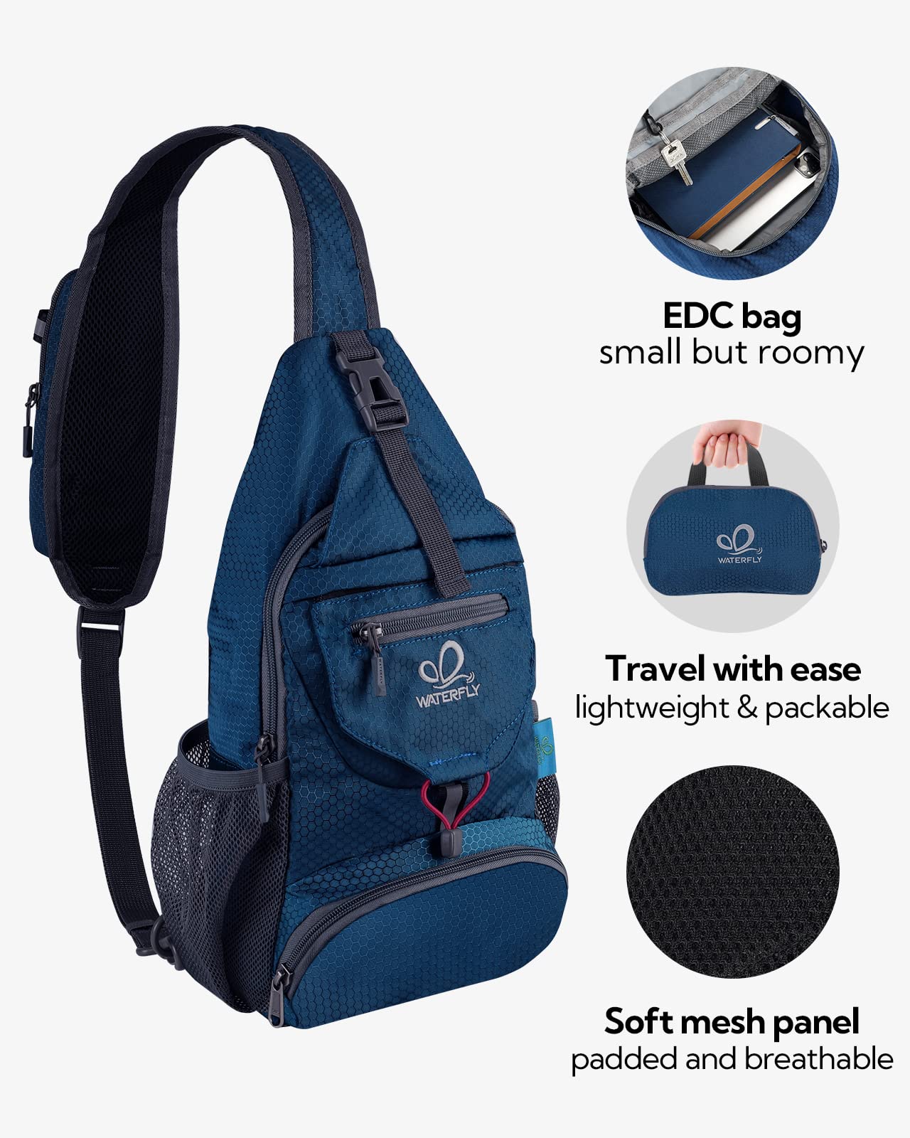 WaterFly foldable compact interior pouch enables easy packing for trips.