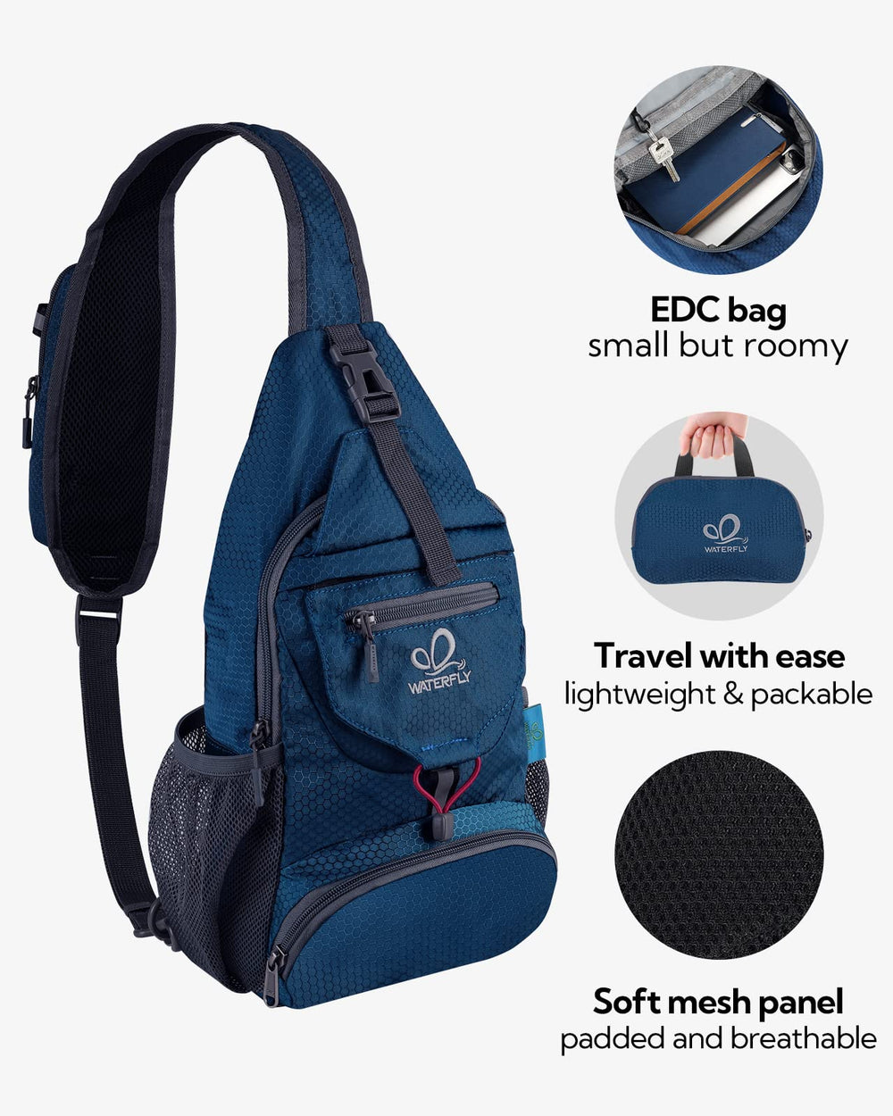 WaterFly foldable compact interior pouch enables easy packing for trips.