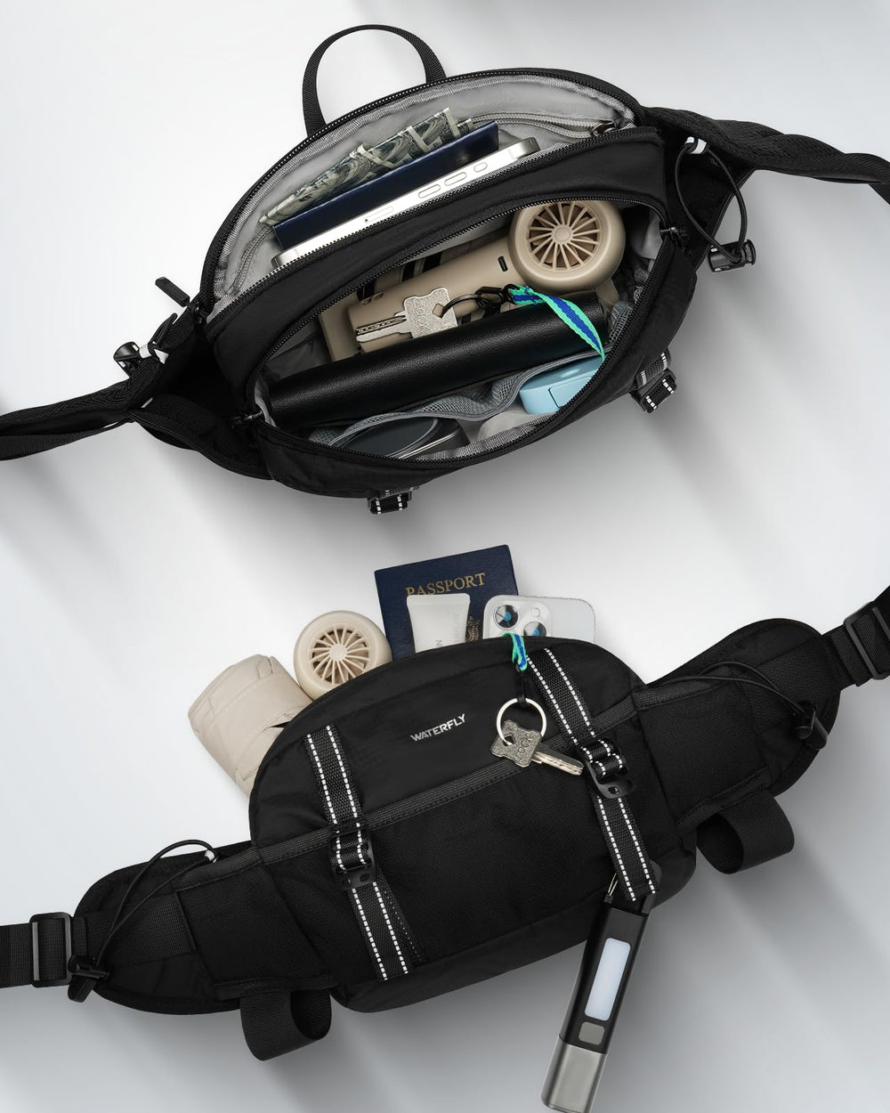 Waterfly front mesh pocket shows breathable storage for quick-access items.