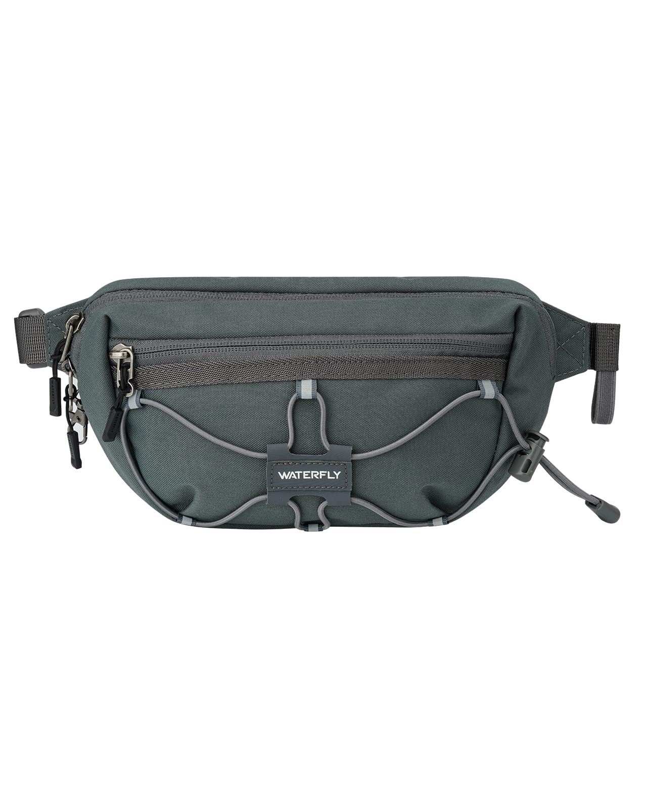Waterfall lightweight small fanny pack front view with RFID protection and compact storage.