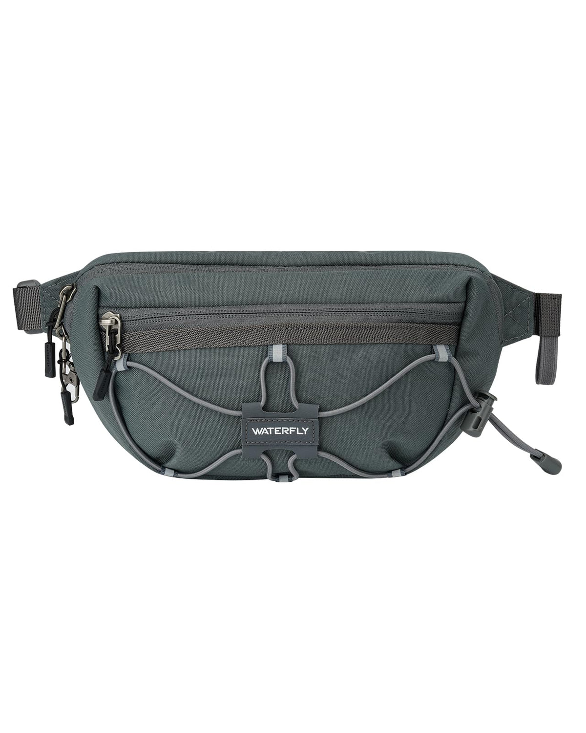 Waterfall lightweight small fanny pack front view with RFID protection and compact storage.