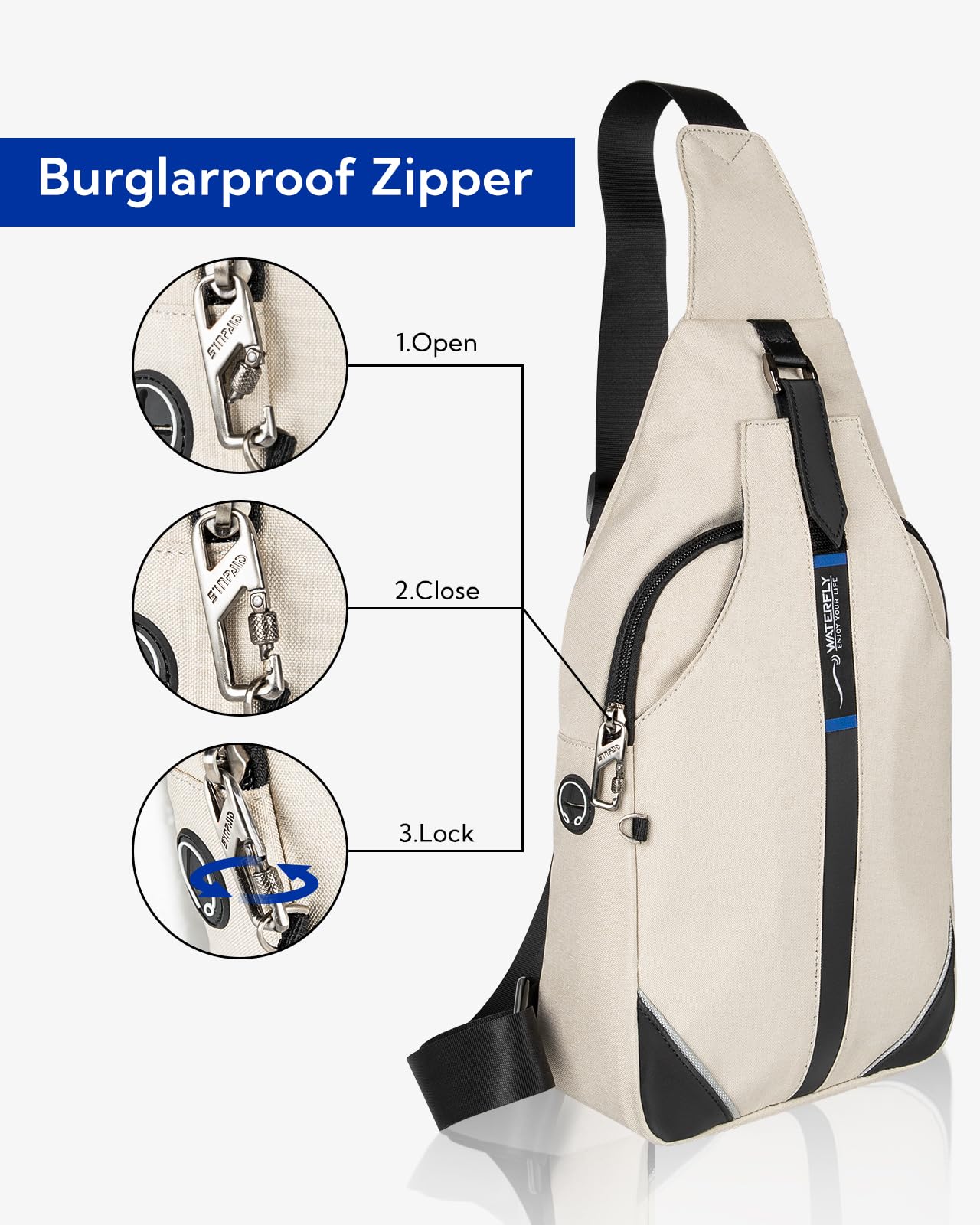Waterfly magnetic front pocket enables fast access to commonly used items.