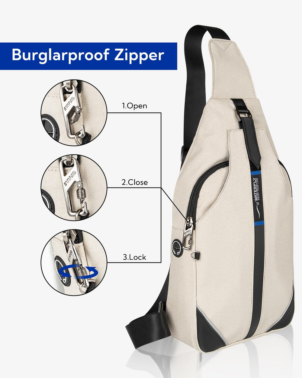Waterfly magnetic front pocket enables fast access to commonly used items.