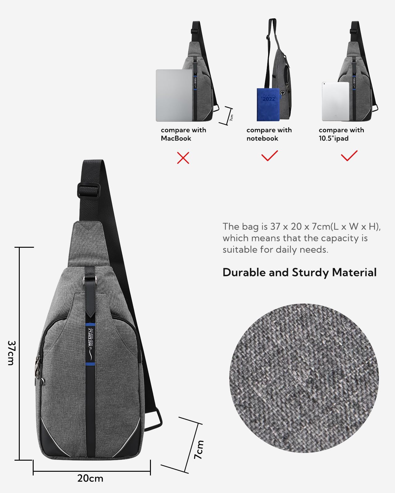Waterfly medium crossbody sling backpack anti-theft zipper close-up for security.