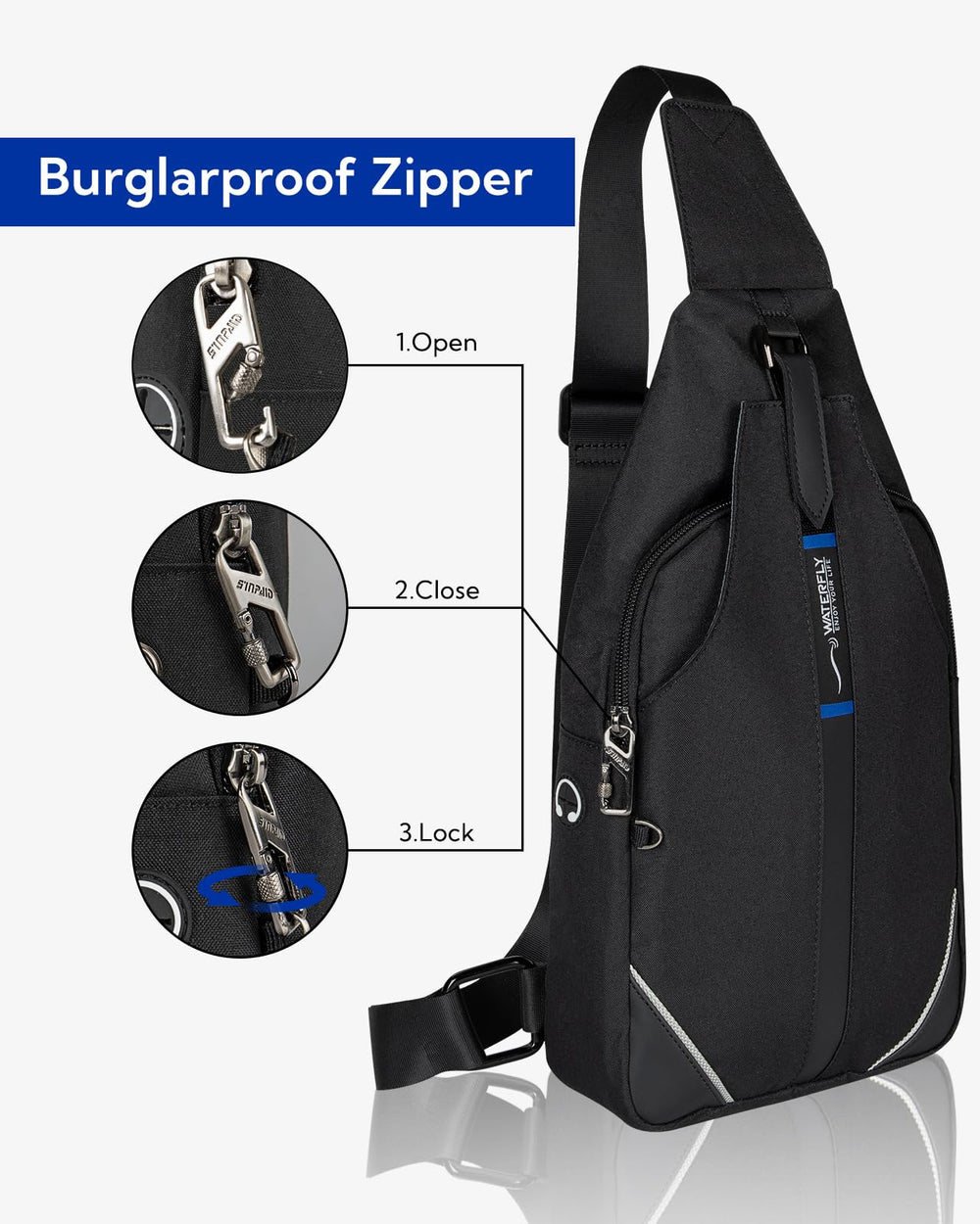 Waterfly bag lockable main zipper emphasizes travel security