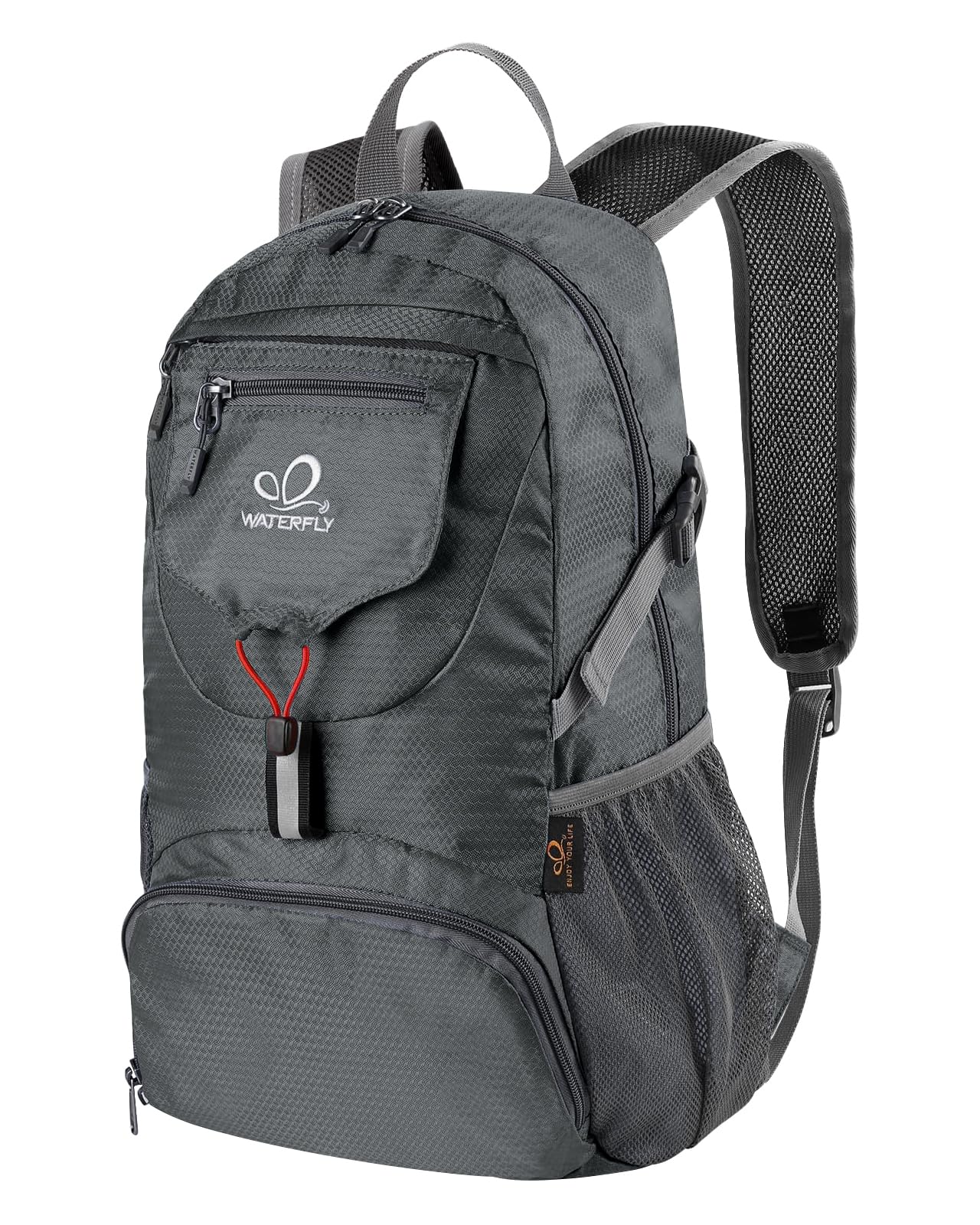 Waterfly packable backpack folded for compact storage, ideal for luggage.