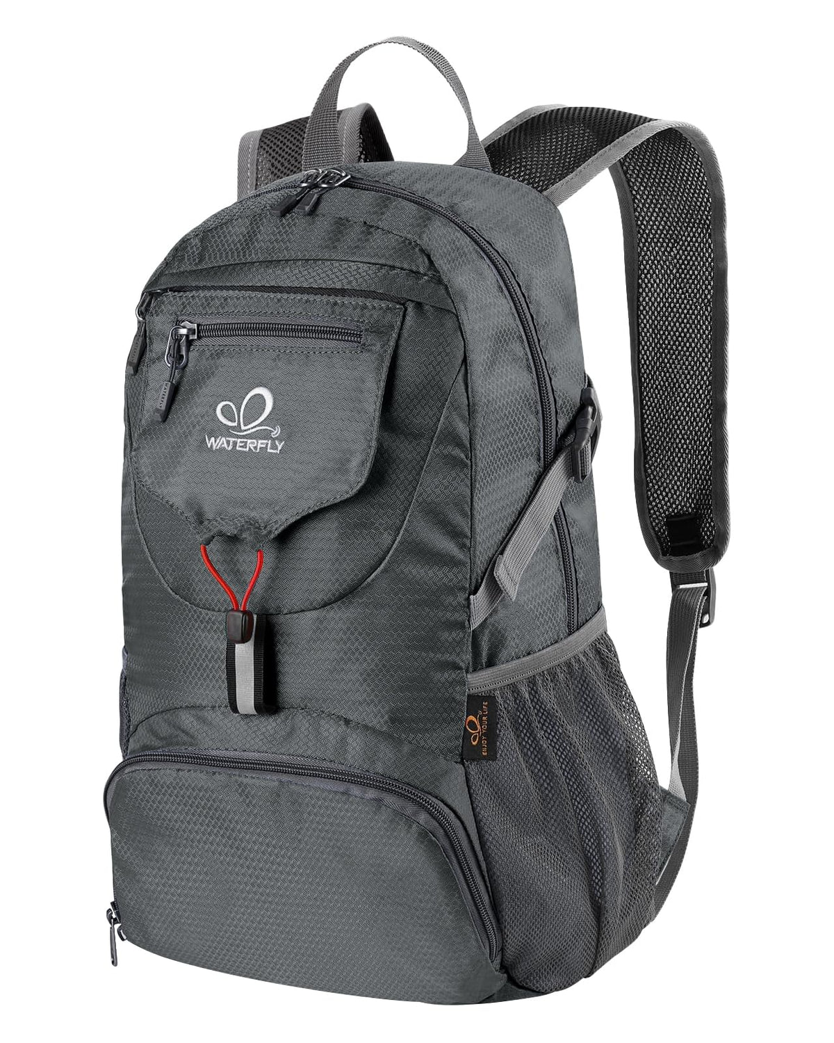 Waterfly packable backpack folded for compact storage, ideal for luggage.