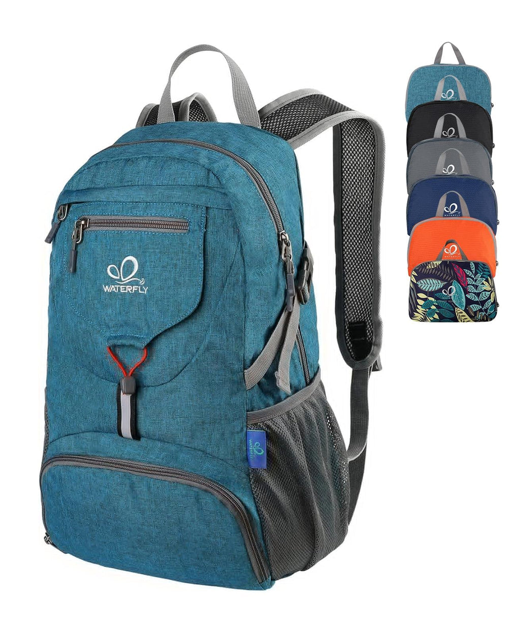 Waterfly packable backpack folded compactly for suitcase packing.