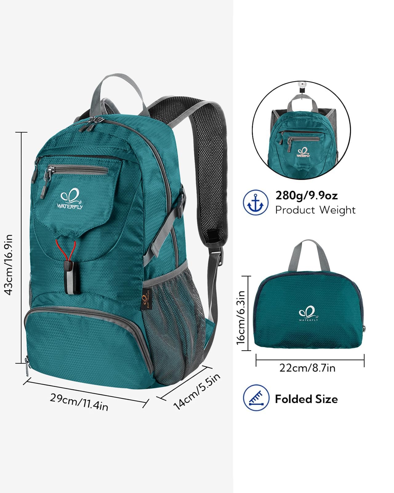 Waterfly packable backpack tucked in bag shows travel convenience