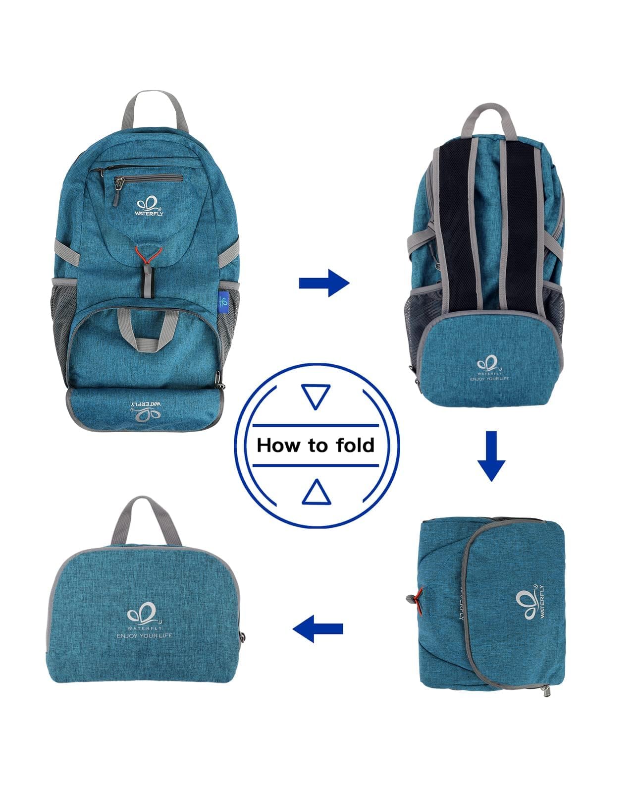 Waterfly backpack’s multiple pockets keep gear organized during travel.