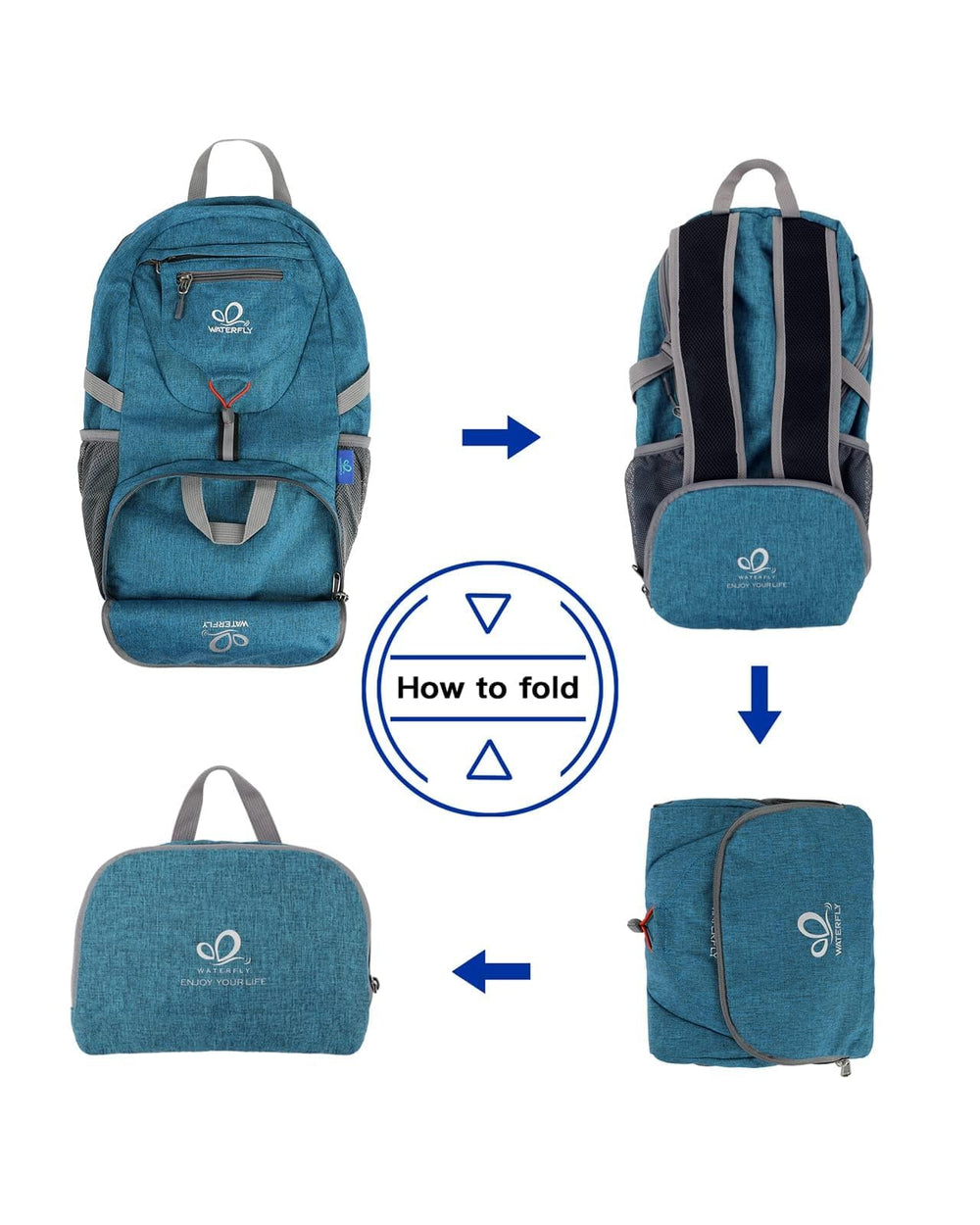 Waterfly backpack’s multiple pockets keep gear organized during travel.
