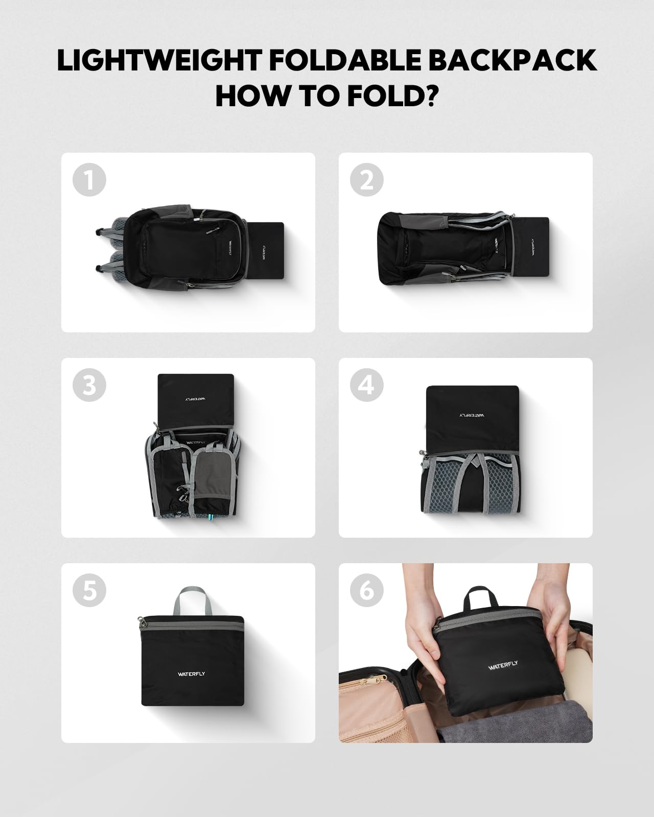 Waterfly packable backpack close-up highlighting reflective strips for visibility