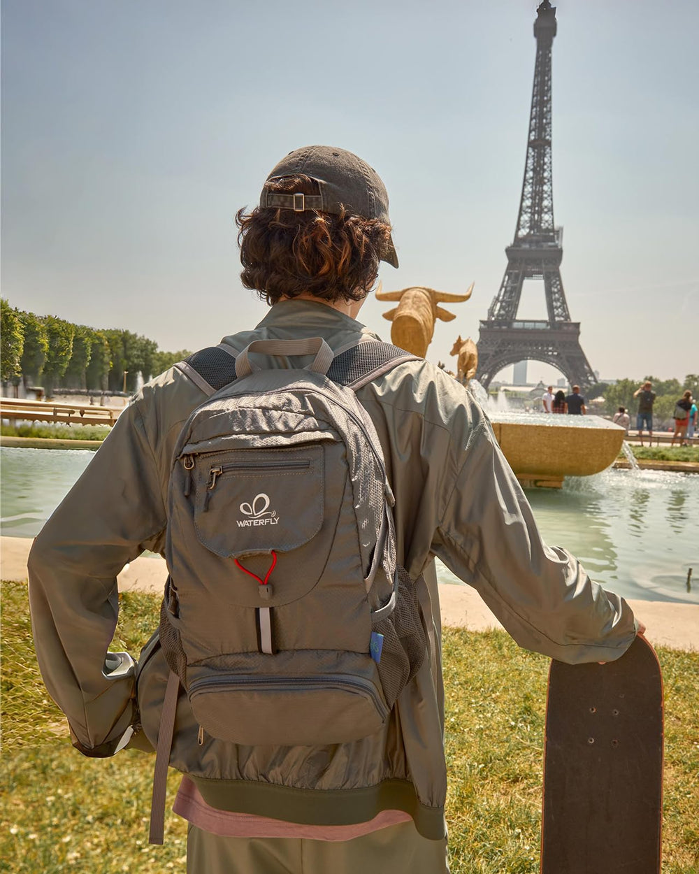 Waterfly packable backpack unfolded to 20L capacity for day trips.