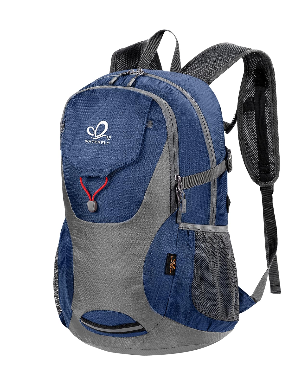 Waterfly packable hiking backpack folded compactly for travel storage.