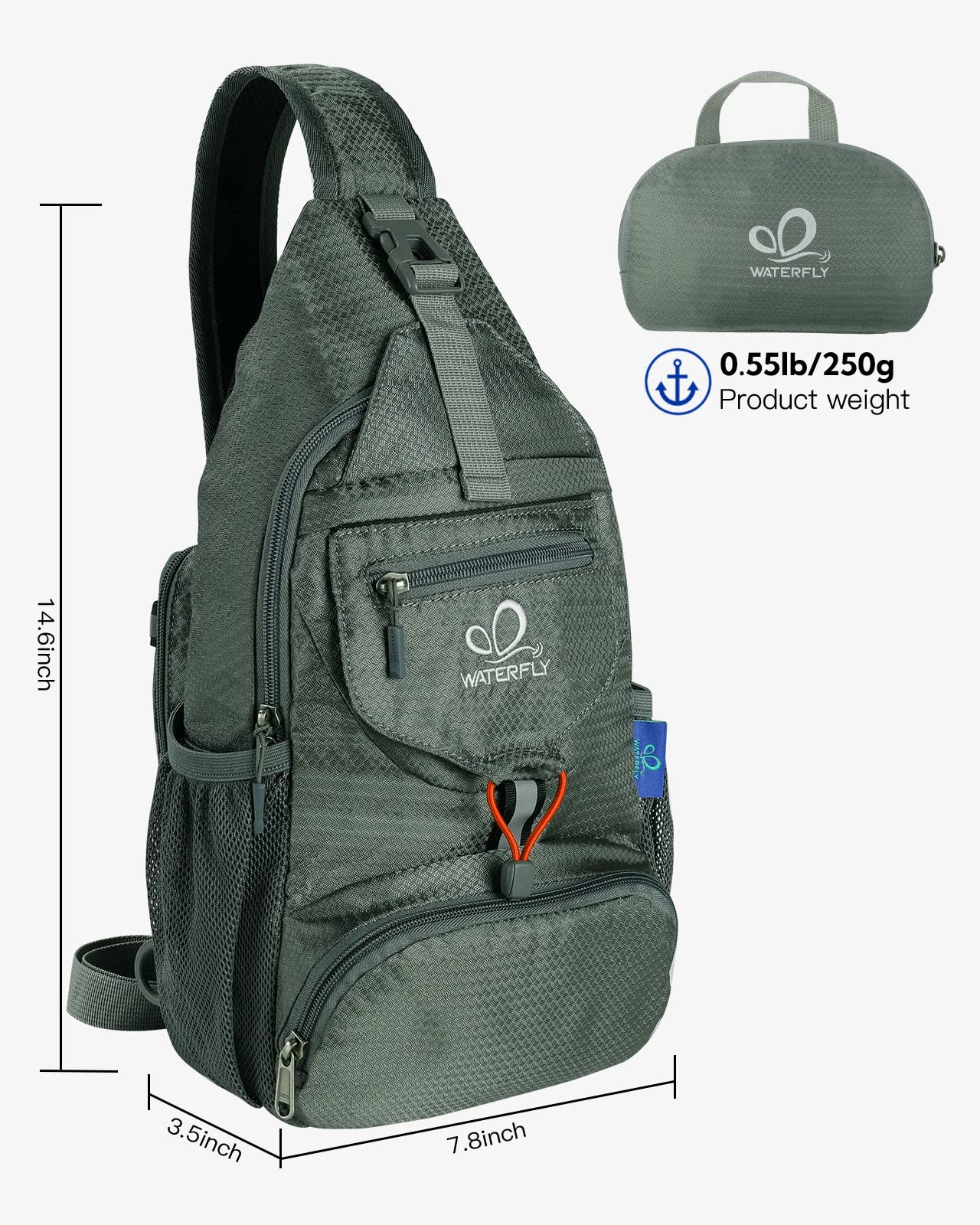 Waterfall packable sling backpack gray expanded dimensions highlight organized interior storage.