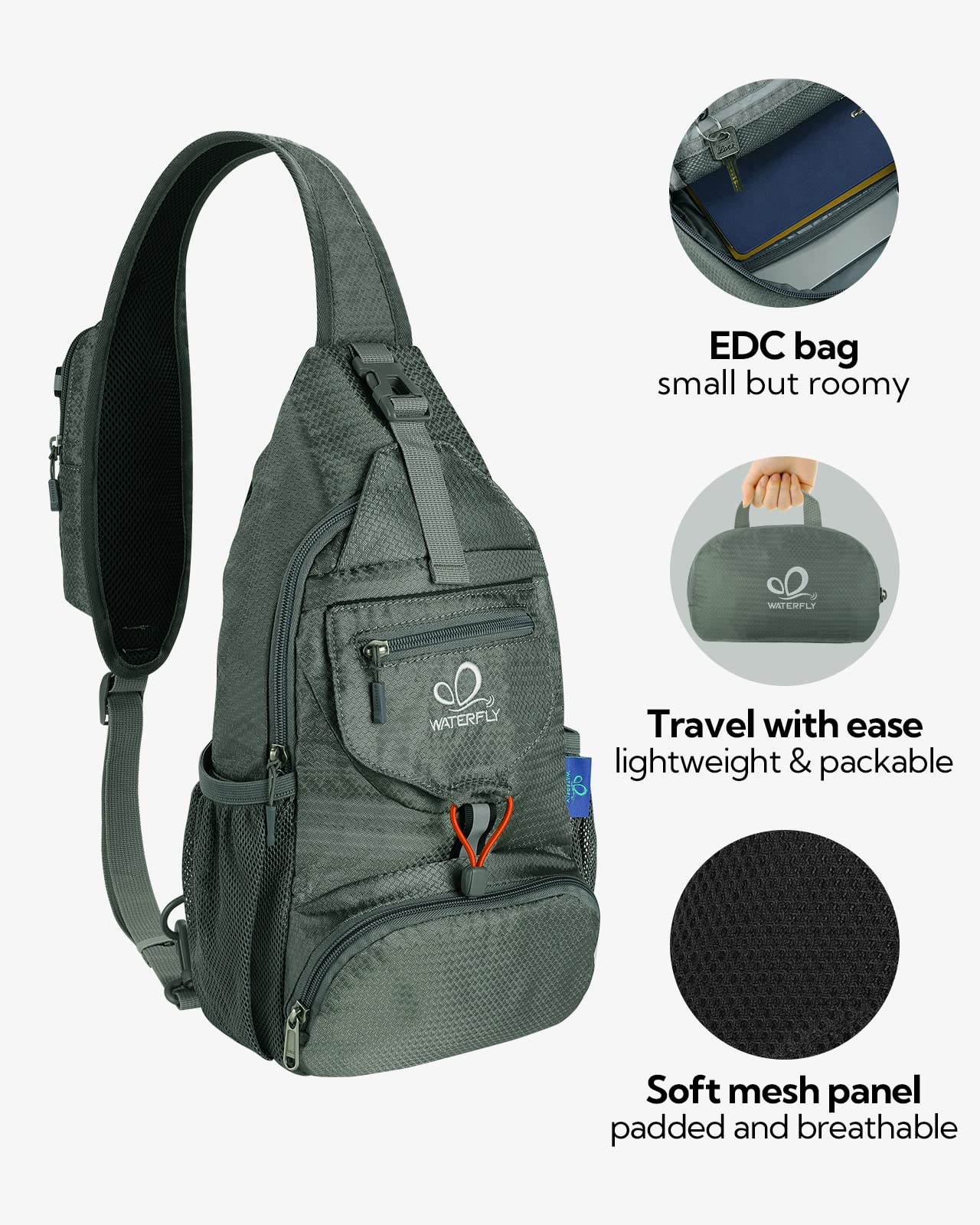 Waterfall packable sling backpack gray folded pouch view demonstrates compact packing.