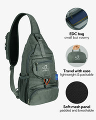 Waterfall packable sling backpack gray folded pouch view demonstrates compact packing.
