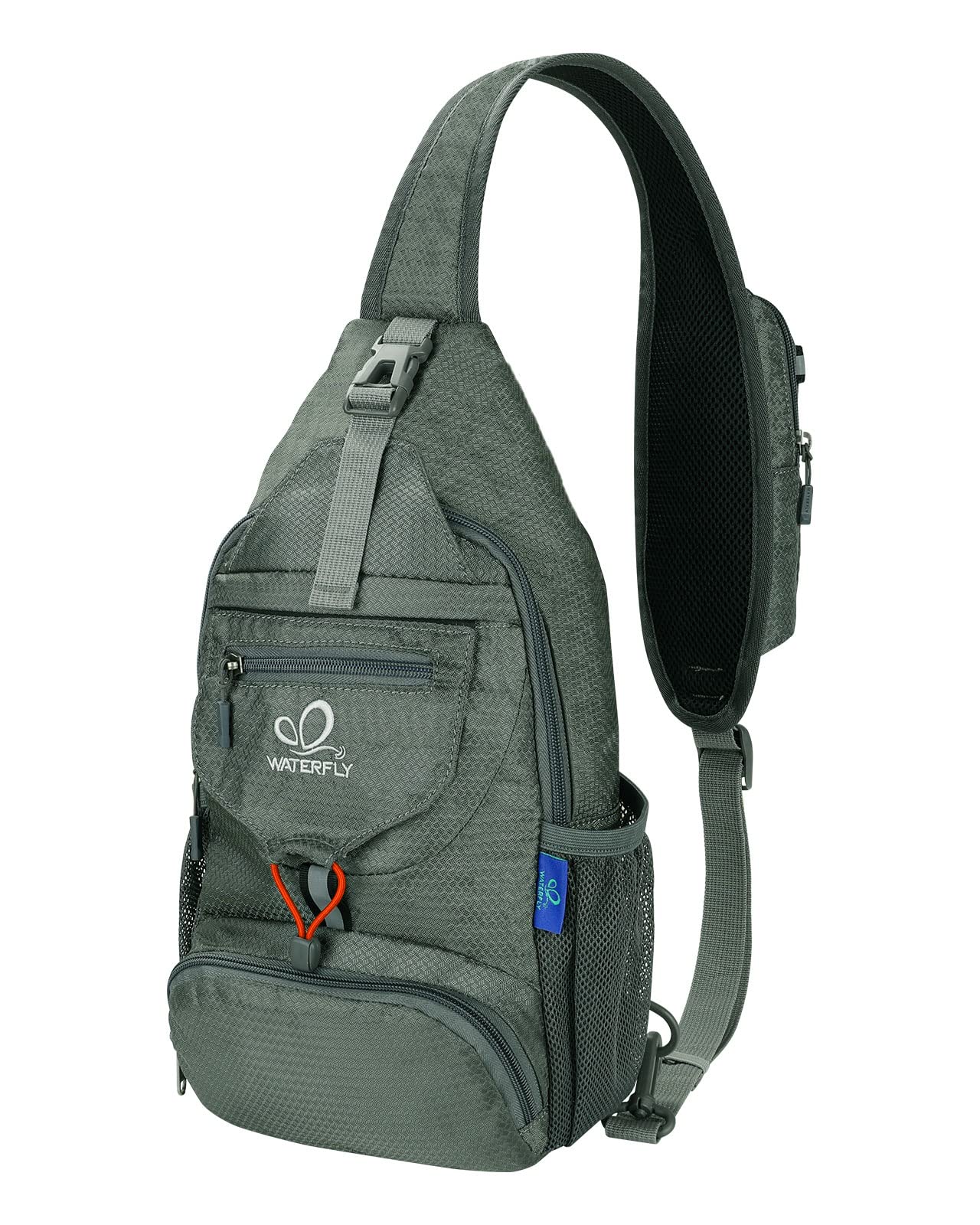 Waterfall packable sling backpack gray front view, ideal daily carry.